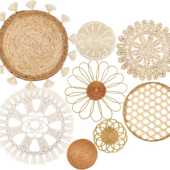 Boho Wall Basket Decor Set of 8 - Flat Woven Basket Wall Hanging DecorRound Tas